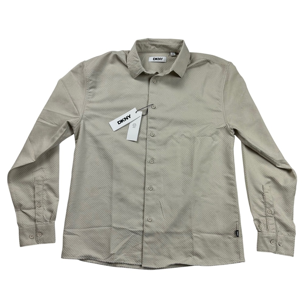 NEW DKNY Mens Moonstruck Beige Textured Stretch Button Down Shirt‎ DK35LW2297 S